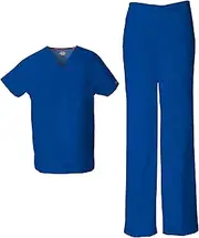 [Dickies] EDS Signature Unisex Scrubs Set 83706 Tuckable V-Neck Top & 83006 Drawstring Pant, Galaxy Blue-S Top/M Pant, White, Large Top / Medium Pant