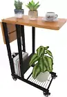 C Shaped End Table, Folding Small Side Table for Sofa on Wheels, Couch Table and
