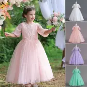 Girls Flower Princess Tutu Dress Kids Party Wedding Bridesmaid Long Pompon Dress