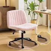 VINGLI Criss Cross Legged Chair,Wide Comfy Office Desk Chair,Dual-Use with/no Wheels Computer Task Chair,Swivel Armless Vanity Boucle Chair for Study,Make Up,Home Office,Teddy Fleece,Pink