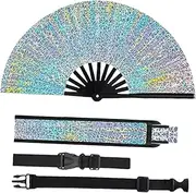 Frediuo Folding Hand Fan with Storage Bag and Strap Creative Large Decorative Fan Holographic Handheld Fan for Club Party Props, Crack Holographic