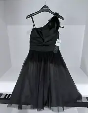NWT Aidan Mattox Black Satin Feather One Shoulder Side Zip Dress Sz 0