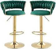 Velvet Bar Stools, Emerald Green, Kitchen Counter Height with Back Support, 360° Swivel, Set of 2