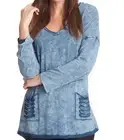 Angel stonewash v-neck cut out pocket top in Light Blue