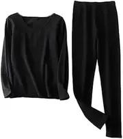 [OFFSUM] Women’S Thermal Underwear Set - Women Winter Lingerie Suit Plus Size Long Pants Tops Two Piece Set Thin Soft Loungewear Slim Simple Clothing