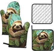 4 pcs Oven Mitts and Pot Holders Set 500°F Heat Resistant Oven Gloves and Hot Pads Kitchen Mittens Hug Tree Sloth Cooking Gloves Potholders for Baking Grilling