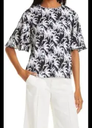 DVF Arlene Flutter Sleeve Top, Palm Black/White, Sz Small NWT