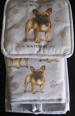 French Bulldog Frenchie Oven Mitt Potholder and Kitchen Towel set SO CUTE
