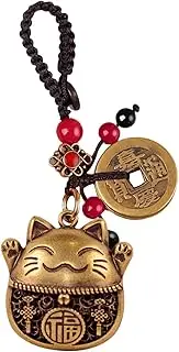 [Yisinar] Lucky Cat Charms,Maneki Neko Brass Cat Keychain With Feng Shui Coins,Buddha Statue Kitty Good Luck Charms
