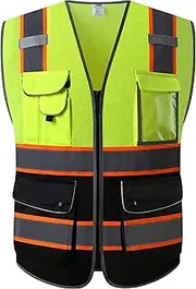 JKSafety 9 Pockets Class 2 High Visibility Zipper Front Safety Vest With Reflective Strips,HQ Breathable Mesh, Yellow Meets ANSI/ISEA Standards