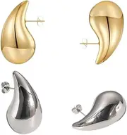 [ZHXKSH] 2 Pairs Teardrop Earrings Dupes,Chunky Gold/Silver Hoop Earrings for Women,Chunky Hoop,Earring Dangle Water Drop,Hypoallergenic Earring Set for Women Girls