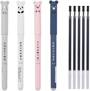 MIATTCLD 4pcs 0.35mm Erasable Gel Pens + 5pcs Replacement Refills, Cute Kawaii Cartoon Cat Pig Bear Panda Animal Gel Ink Black Pen Ballpoint for Writing Note (4)