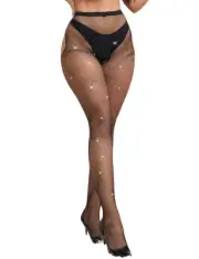 Plus Size 8-24 Sexy Brand New Ladies Black Crotchless Rhinestone Full-Length