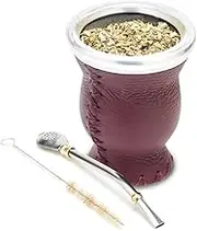 BALIBETOV [New] Leather & Glass Yerba Mate Gourd Set (Mate Cup) with Yerba Mate Bombilla (Straw) (Burgundy)