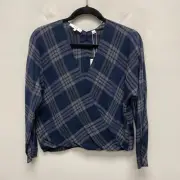 Vince Women Navy White Plaid Long Sleeve Modal Blend V-Neck Surplice Top XS $295