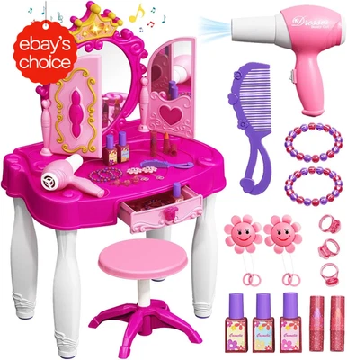 Kids Makeup Table Vanity Set with Mirror Chair Lights Music for Toddlers 3-5