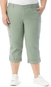 [Gloria Vanderbilt] Women's Cargo Capri Tab Roll Cuff with Zip Front and Elastic Waist Standard, Garden Sage, 24 Plus