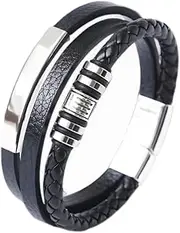[Pakho] Men's 3-in-1 Black Hip Hop Beaded Bracelet – PU Leather Magnetic Cuff Wristband with Braided Chain & Metal Charms – Trendy Punk Gothic Boho Bracelet for Men, Dad, Son