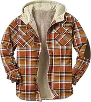 [Generic] Men's Button Hooded Plaid Coat Quilted Lined Flannel Outdoor Jackets Sherpa Fleece Hood Thicken Jacket, Orange, Medium