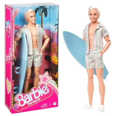 Barbie The Movie Surfer Ken Doll Wearing Pastel Striped Beach Matching Set