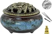 MrMrKura Ceramic Incense Burner with Lid, Incense Holder for Sticks Incense Cone Holder with Brass Incense Stick Holder for Yoga Meditation Home Decor (Fambe Blue)