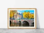 Houses & Bridge Cityscape Autumn Glass Framed Wall Art, Ready to Hang