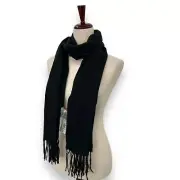 NEW Macy's Black Fringe Trim Scarf Oblong Rectangle Solid Knit Warm Tassel