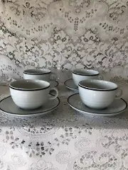 NEW Crate & Barrel SPAL White Porcelain Roulette Blue Cup & Saucers- Set of 4