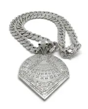 ICED BLACK PYRAMID CHRIS BROWN PENDANT CUBAN LINK CHAIN NECKLACE SILVER HIP HOP