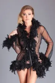 sexy BE WICKED sheer MESH chandelle FEATHER trim KNEE length LONG sleeve ROBE