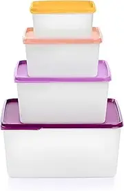 [Tupperware] Keeptabs 4-Container Stacking Food Storage Set, Multi Color Lids, Nestable, Dishwasher Safe and BPA Free (4 Containers, 4 Lids)