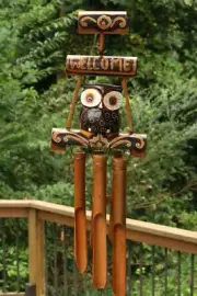 Handmade Wooden Welcome Sign Owl Bamboo Wind Chime Wood Bird Hoot Patio Garden