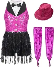 [RUNQHUI] Sparkly Tuxedo Bodysuit Latin Dance Outfits for Girls Tassels Fringe Leotard with Gloves Hat Set Hot Pink 12 Years