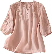 [Generic] Women's Cotton Linen White Blouses Summer Short Sleeve Bohemian Shirts Linen Tops for Women Casual Work Tops