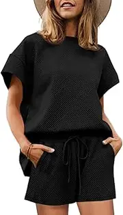 [Tankaneo] Womens Loungewear Set Short Sleeve Tops and Shorts 2 Piece Outfits Matching Lounge Pajama Set with Pockets