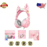 Cute Over Ear Gaming Headset with Pink Deer Ears & RGB Lighting - Multi-Platform