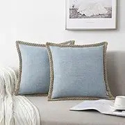 NordECO HOME Set of 2 Throw Pillow Covers - Burlap Linen Trimmed Tailored Edges Decorative Cushion Covers for Bed Home Decoration, 16 x 16, Light Blue