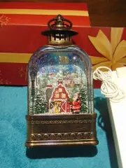 11-Inch Vintage Lighted White Water Lantern Snow Globe Chistmas farm with Santa