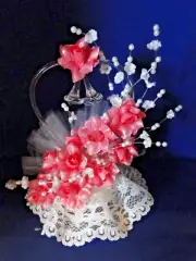 New Elegant Blown Glass heart & double bells, Pink floral Wedding Caketop #A1
