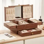Black Walnut Wooden Jewelry Box for Women, 3 Level Multi-functional Drawer Wo...