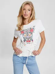 GUESS Women's White Garden Glow Up Lace T-Shirt Size: Medium