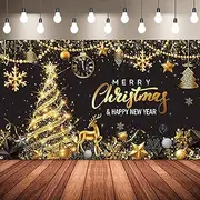 Merry Christmas Party Backdrop - Black Gold Banner Background for Xmas Tree and New Year's Eve Photography - Party Decoration Supplies 72.8 x 43.3 Inches