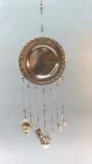 WIND CHIME, Vintage Dessert Plate and Fancy Spoon Bowls, Crystal Bead Accents
