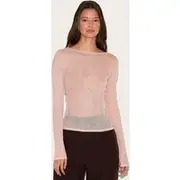Pink Sheer Knit Long Sleeve Boat Neck Top, Pink