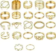 [RGEVGER] 22 Pcs Gold Rings, Fashions Gold Knuckle Rings Set Vintage Adjustable, Boho Alloy Ring Jewellery Butterfly Snake Hollow Carved Flowers Open Stacking Stackable, for Women Teen Girls, alloys, No