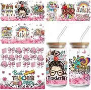 Teacher UV DTF Wrap Transfer Stickers - 5 Sheets Teacher Appreciation Uvdtf Cup Wraps for 16oz Glass Best Teacher Ever Pencil Book Designs Back to School Rub on Transfer Decals for Mug Wood DIY Crafts