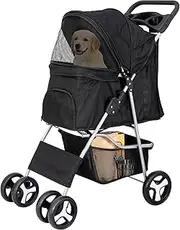 4 Wheels Pet Carrier Dog Cat Jogger Foldable Travel Stroller with Storage Basket and Cup Holder (Black)