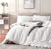 FireKirin Queen Duvet Cover Set with Zipper Closure 3Pcs (1 Duvet Cover + 2 Pillow Shams) Modern Mini Black and White Grid Plaid Checkered Pattern Bedding Cover Set