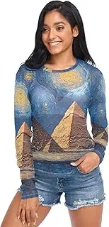 [RPLIFE] Mystic Pyramids Starry Sky Blue Long Sleeve Mesh Top, Sheer Womens Tops S-XXL
