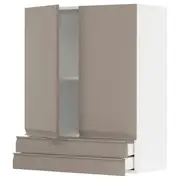 METOD / MAXIMERA wall cabinet w 2 doors/2 drawers, white/Upplöv matt dark beige, 80x37x100 cm